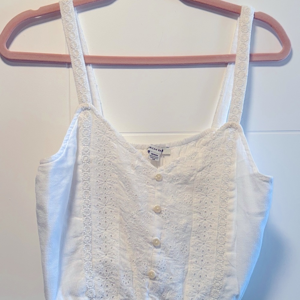 American Eagle White Eyelet Lace Tank Top